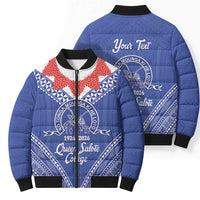 Queen Salote College 100 Years Personalized Bomber Puffer Jacket Tonga QSC Heilala Lei Blue Ngatu Pattern
