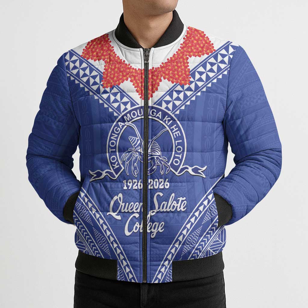 Queen Salote College 100 Years Personalized Bomber Puffer Jacket Tonga QSC Heilala Lei Blue Ngatu Pattern
