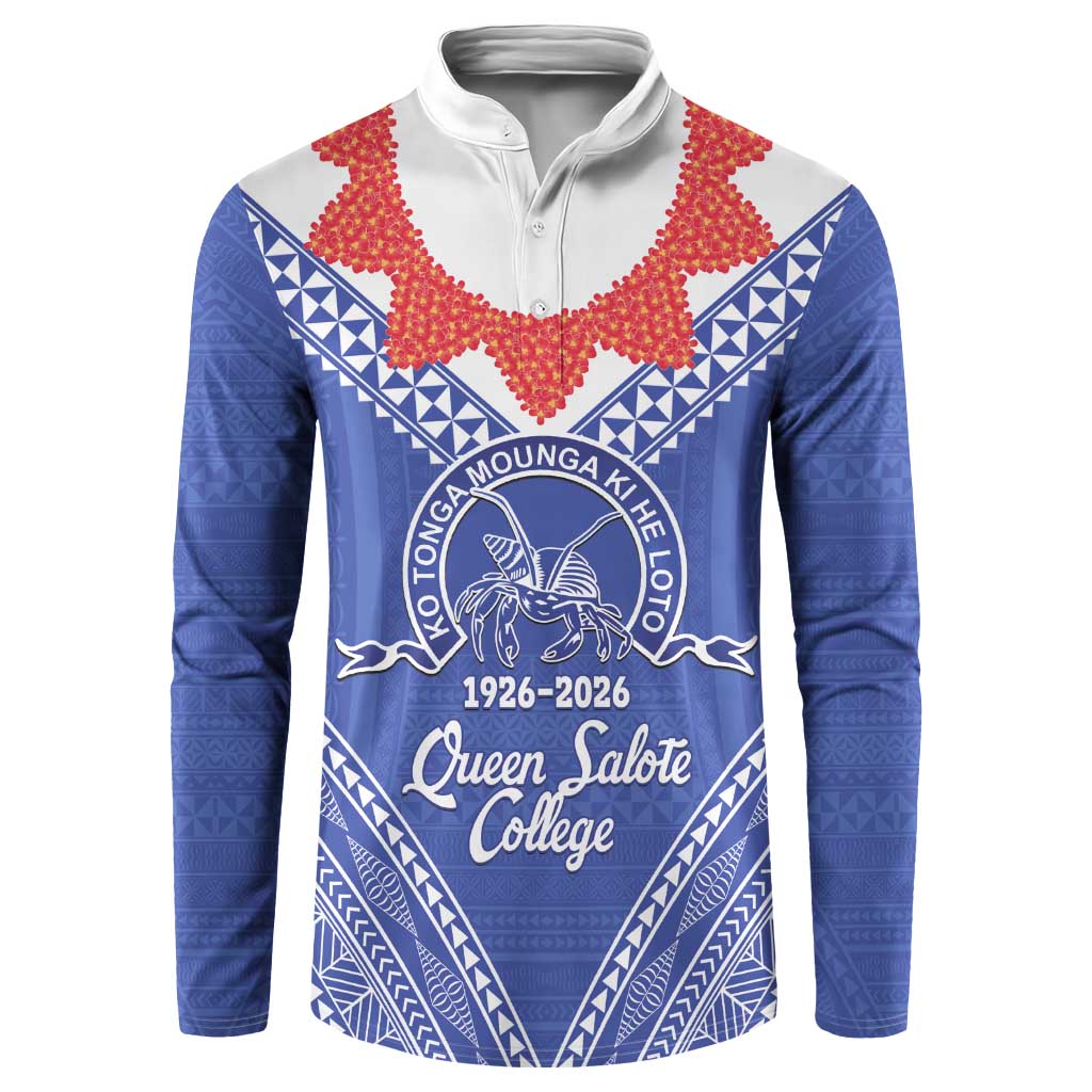 Queen Salote College 100 Years Personalized Button Sweatshirt Tonga QSC Heilala Lei Blue Ngatu Pattern