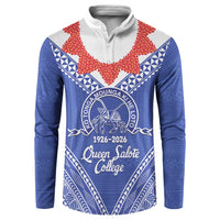 Queen Salote College 100 Years Personalized Button Sweatshirt Tonga QSC Heilala Lei Blue Ngatu Pattern