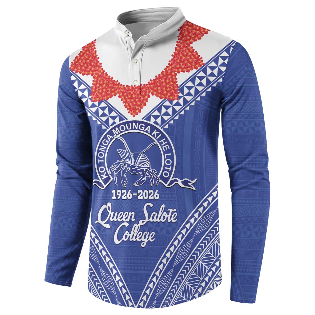 Queen Salote College 100 Years Personalized Button Sweatshirt Tonga QSC Heilala Lei Blue Ngatu Pattern