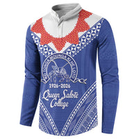 Queen Salote College 100 Years Personalized Button Sweatshirt Tonga QSC Heilala Lei Blue Ngatu Pattern