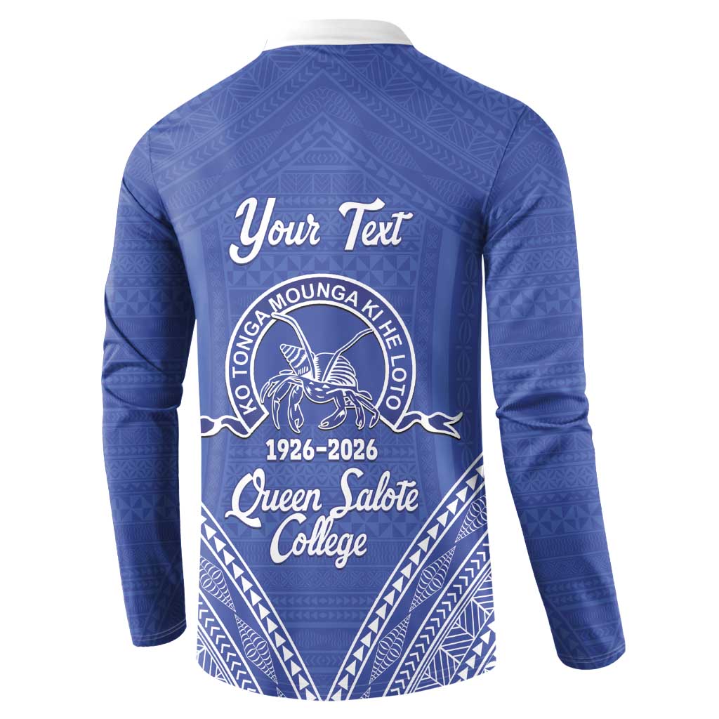 Queen Salote College 100 Years Personalized Button Sweatshirt Tonga QSC Heilala Lei Blue Ngatu Pattern