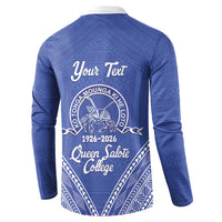 Queen Salote College 100 Years Personalized Button Sweatshirt Tonga QSC Heilala Lei Blue Ngatu Pattern