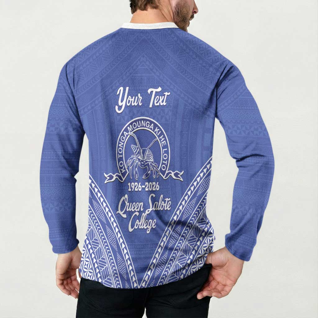 Queen Salote College 100 Years Personalized Button Sweatshirt Tonga QSC Heilala Lei Blue Ngatu Pattern