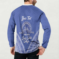 Queen Salote College 100 Years Personalized Button Sweatshirt Tonga QSC Heilala Lei Blue Ngatu Pattern