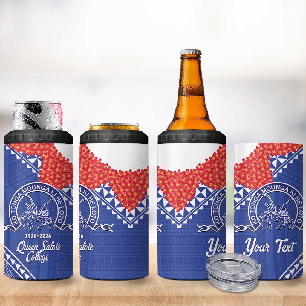 Queen Salote College 100 Years Personalized 4 in 1 Can Cooler Tumbler Tonga QSC Heilala Lei Blue Ngatu Pattern
