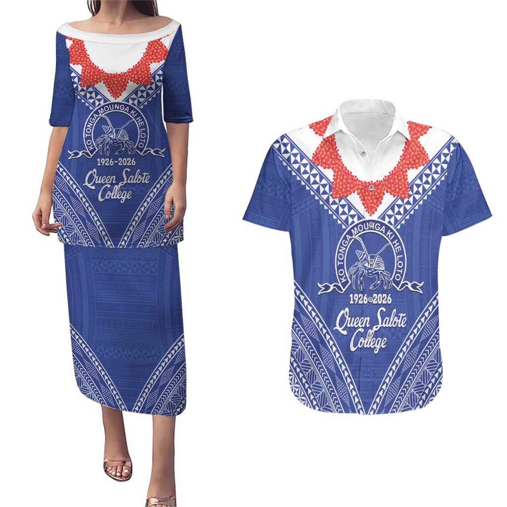 Queen Salote College 100 Years Personalized Couples Matching Puletasi and Hawaiian Shirt Tonga QSC Heilala Lei Blue Ngatu Pattern