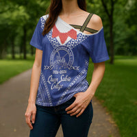 Queen Salote College 100 Years Personalized Cross Shoulder Shirt Tonga QSC Heilala Lei Blue Ngatu Pattern