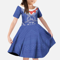 Queen Salote College 100 Years Personalized Family Matching Off The Shoulder Long Sleeve Dress and Hawaiian Shirt Tonga QSC Heilala Lei Blue Ngatu Pattern