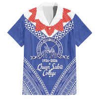 Queen Salote College 100 Years Personalized Family Matching Off The Shoulder Long Sleeve Dress and Hawaiian Shirt Tonga QSC Heilala Lei Blue Ngatu Pattern