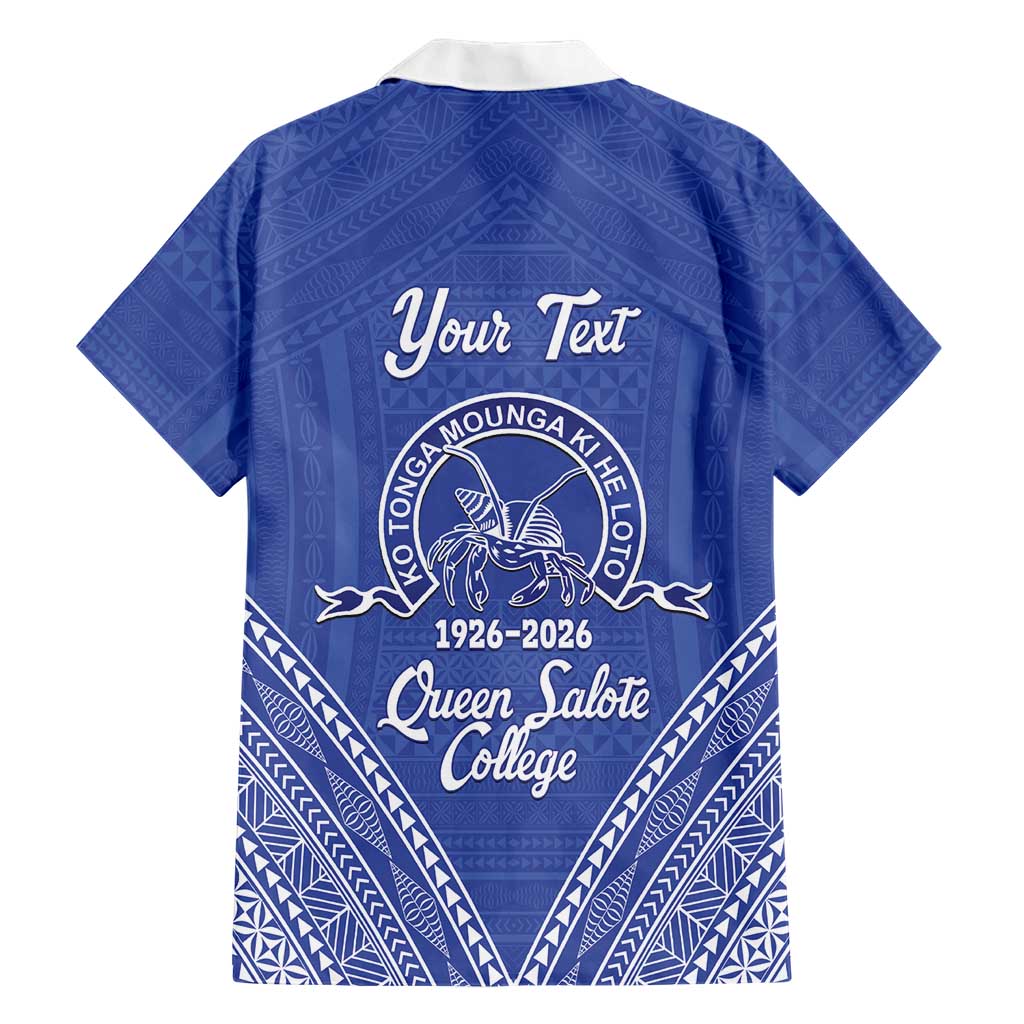 Queen Salote College 100 Years Personalized Family Matching Off The Shoulder Long Sleeve Dress and Hawaiian Shirt Tonga QSC Heilala Lei Blue Ngatu Pattern