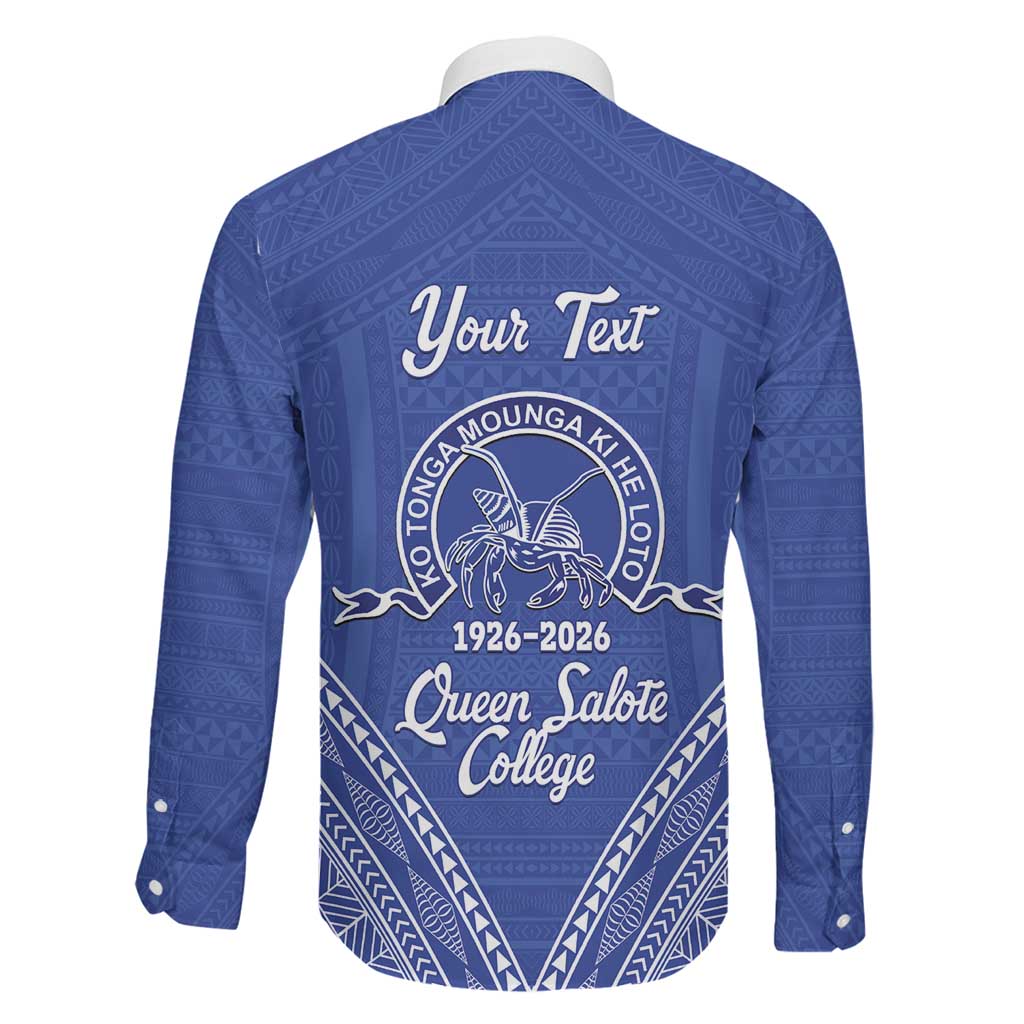 Queen Salote College 100 Years Personalized Family Matching Off The Shoulder Long Sleeve Dress and Hawaiian Shirt Tonga QSC Heilala Lei Blue Ngatu Pattern