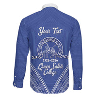 Queen Salote College 100 Years Personalized Family Matching Off The Shoulder Long Sleeve Dress and Hawaiian Shirt Tonga QSC Heilala Lei Blue Ngatu Pattern