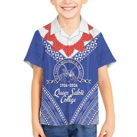 Queen Salote College 100 Years Personalized Family Matching Off The Shoulder Long Sleeve Dress and Hawaiian Shirt Tonga QSC Heilala Lei Blue Ngatu Pattern