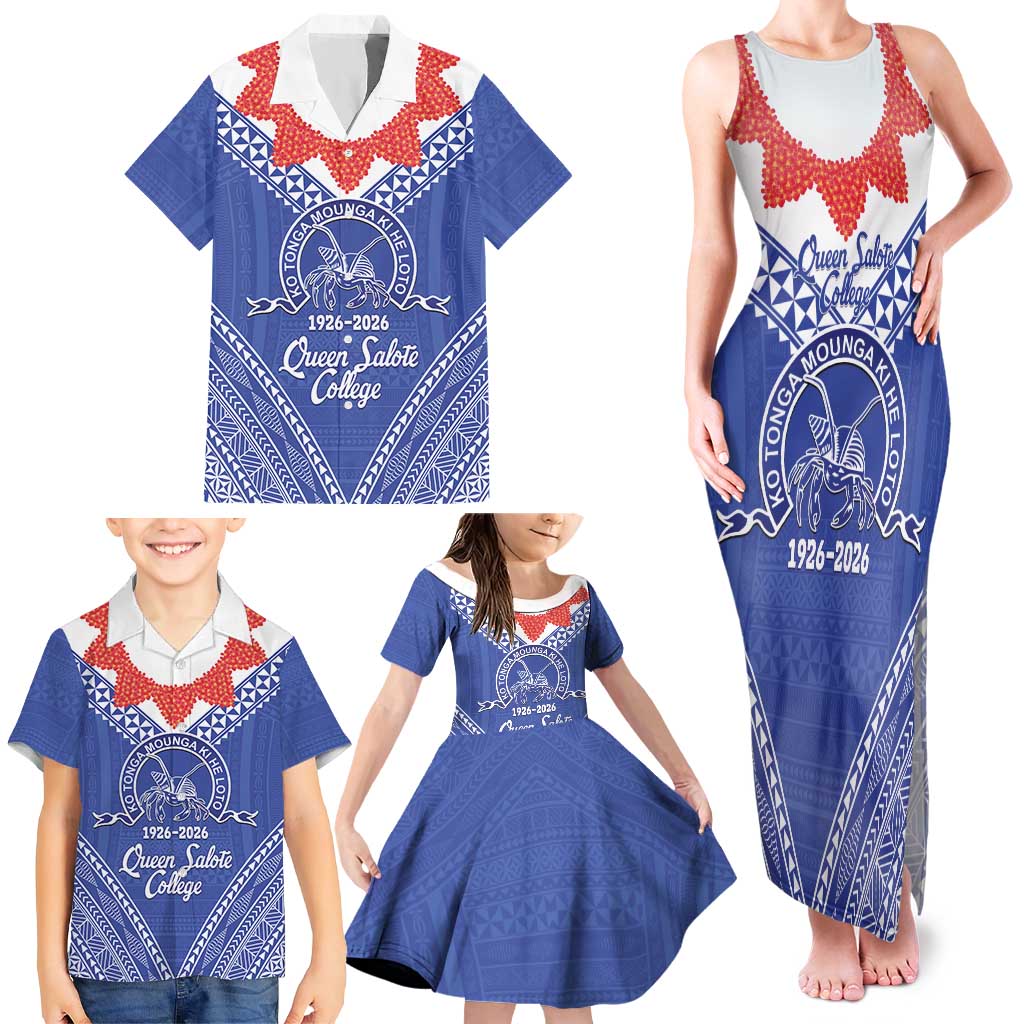 Queen Salote College 100 Years Personalized Family Matching Tank Maxi Dress and Hawaiian Shirt Tonga QSC Heilala Lei Blue Ngatu Pattern