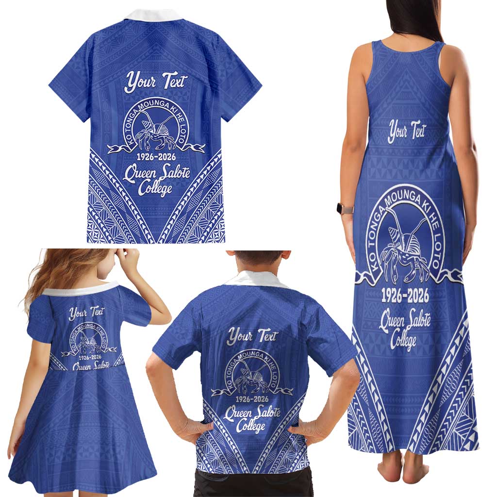 Queen Salote College 100 Years Personalized Family Matching Tank Maxi Dress and Hawaiian Shirt Tonga QSC Heilala Lei Blue Ngatu Pattern