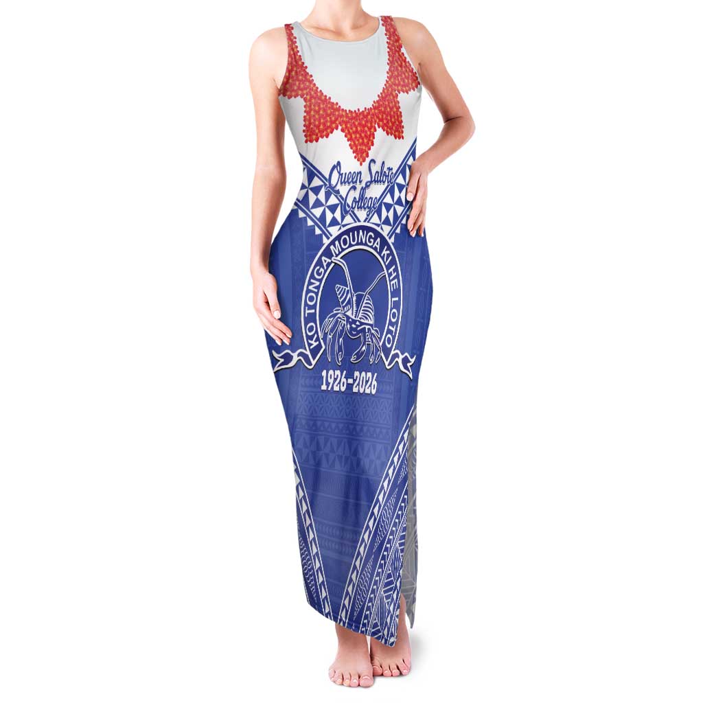 Queen Salote College 100 Years Personalized Family Matching Tank Maxi Dress and Hawaiian Shirt Tonga QSC Heilala Lei Blue Ngatu Pattern