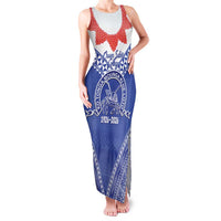 Queen Salote College 100 Years Personalized Family Matching Tank Maxi Dress and Hawaiian Shirt Tonga QSC Heilala Lei Blue Ngatu Pattern
