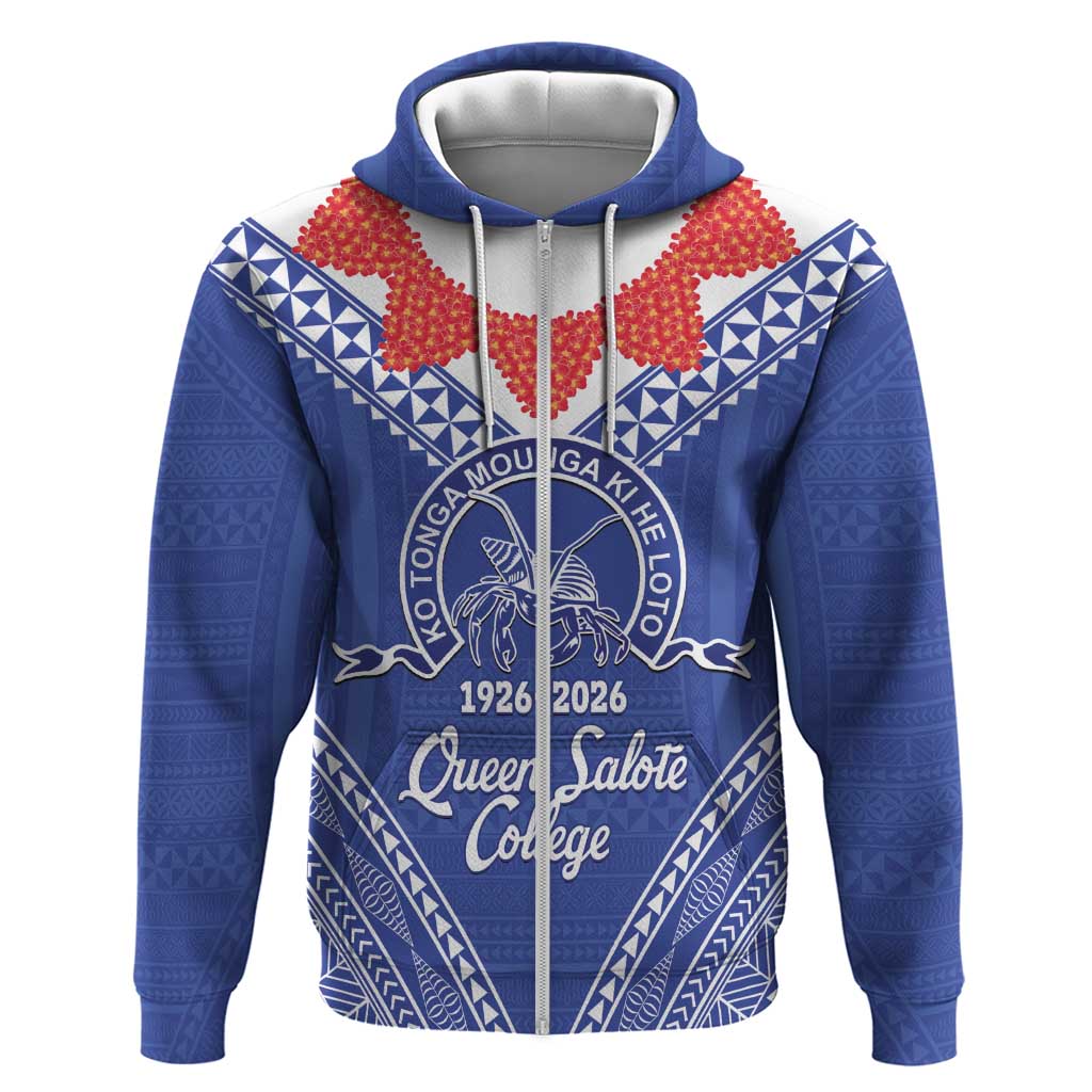Queen Salote College 100 Years Personalized Hoodie Tonga QSC Heilala Lei Blue Ngatu Pattern