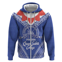 Queen Salote College 100 Years Personalized Hoodie Tonga QSC Heilala Lei Blue Ngatu Pattern