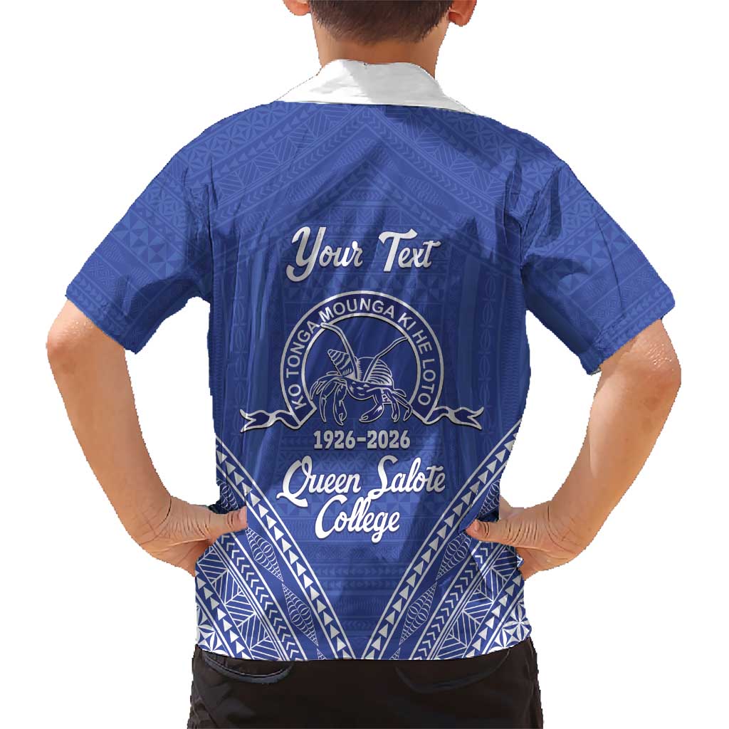 Queen Salote College 100 Years Personalized Kid Hawaiian Shirt Tonga QSC Heilala Lei Blue Ngatu Pattern
