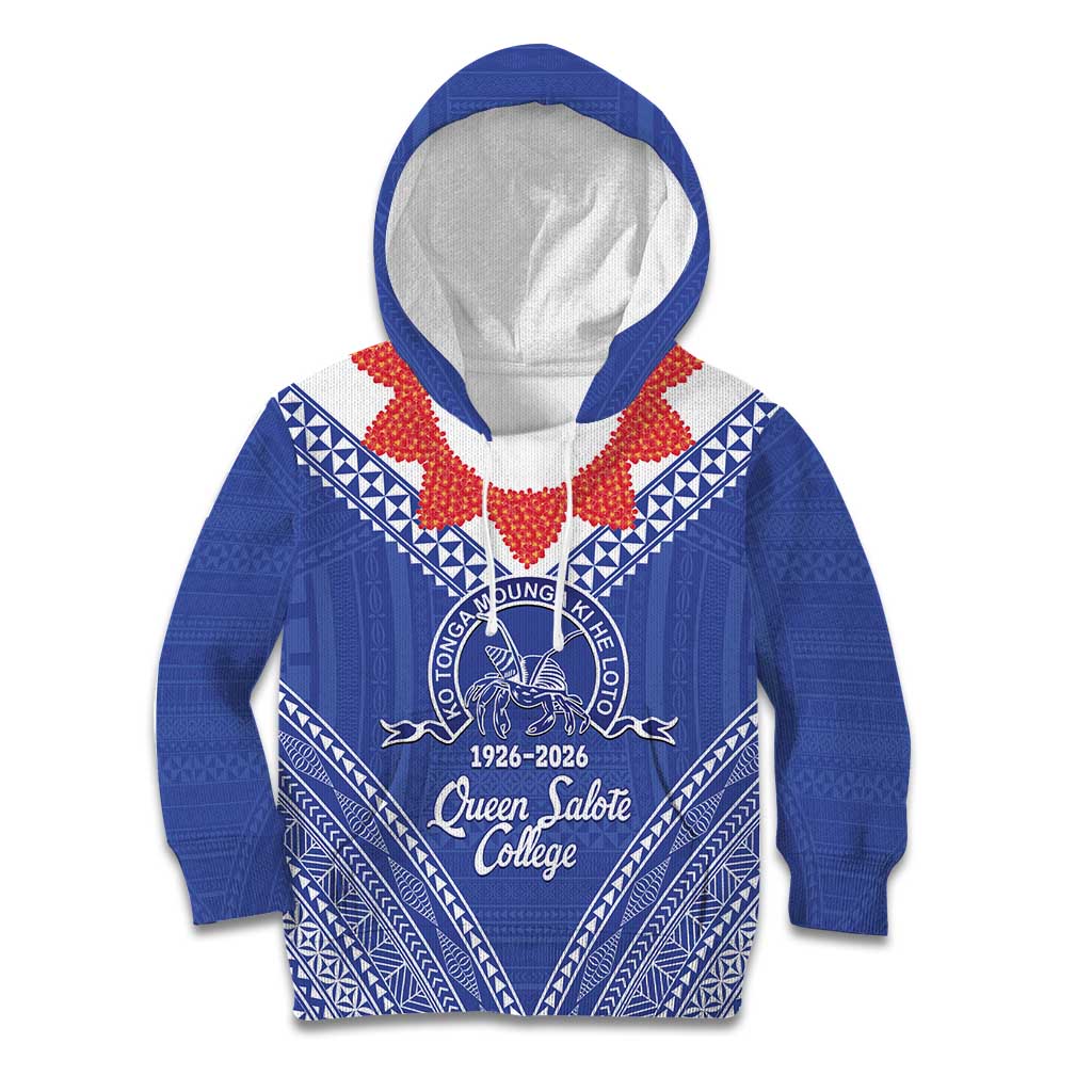 Queen Salote College 100 Years Personalized Kid Hoodie Tonga QSC Heilala Lei Blue Ngatu Pattern