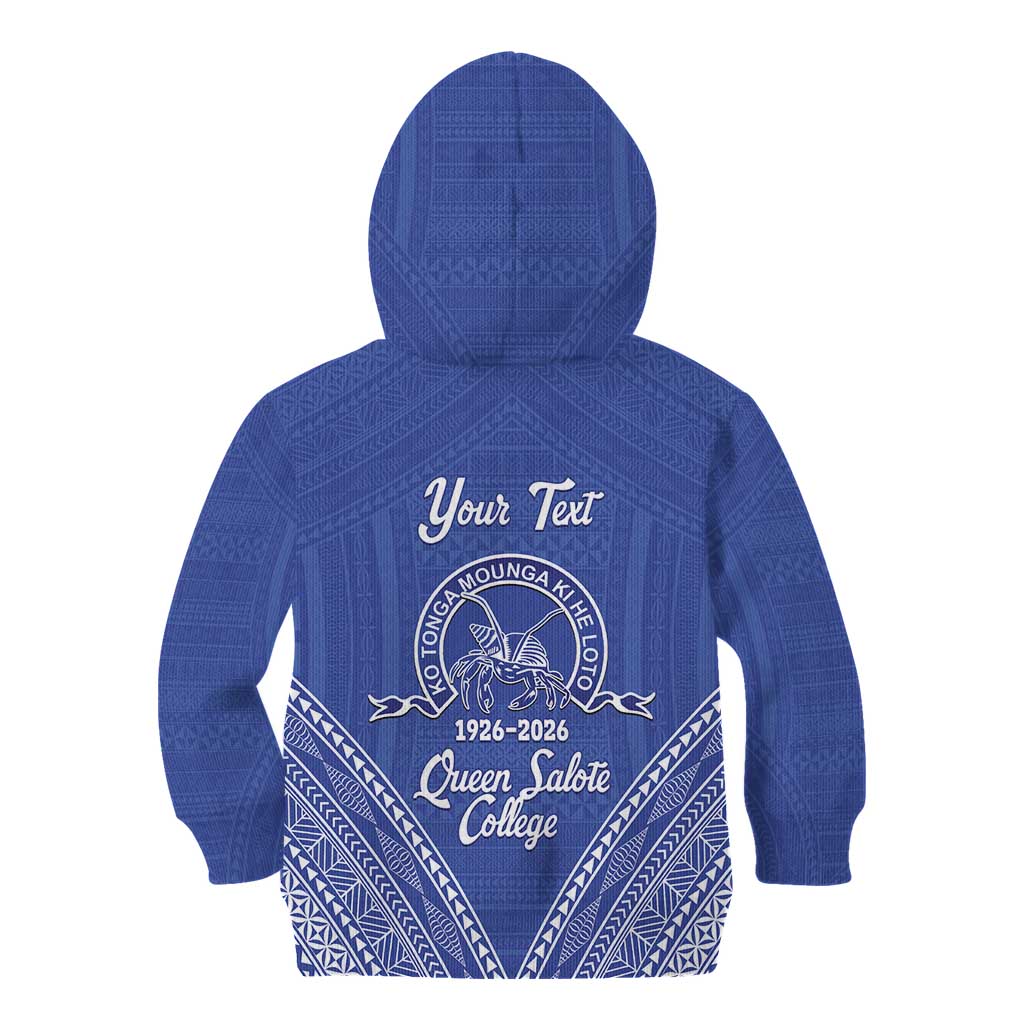 Queen Salote College 100 Years Personalized Kid Hoodie Tonga QSC Heilala Lei Blue Ngatu Pattern
