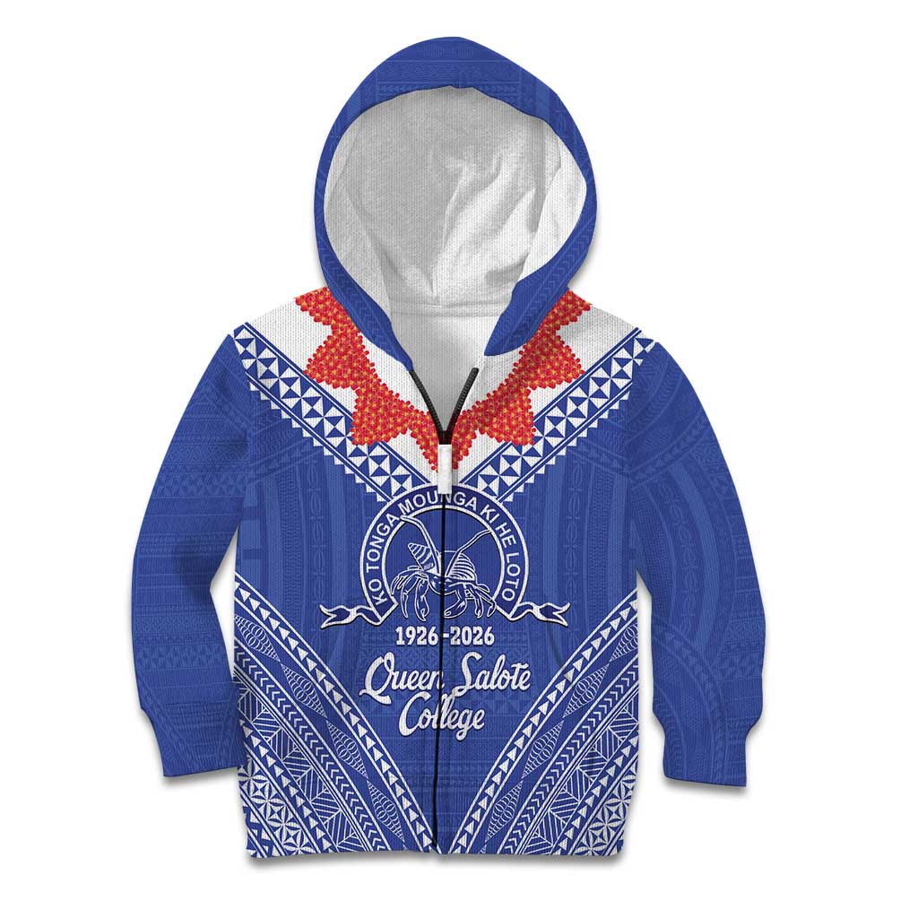 Queen Salote College 100 Years Personalized Kid Hoodie Tonga QSC Heilala Lei Blue Ngatu Pattern