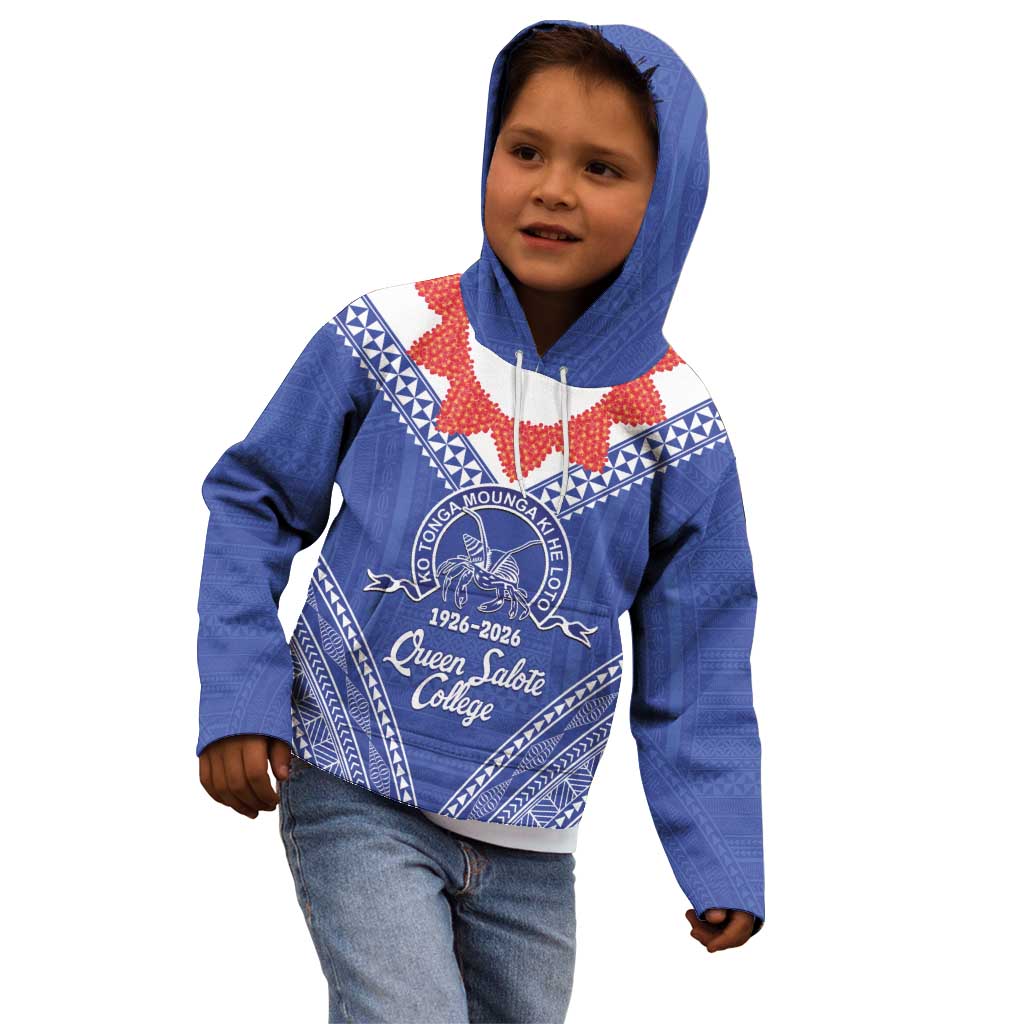 Queen Salote College 100 Years Personalized Kid Hoodie Tonga QSC Heilala Lei Blue Ngatu Pattern