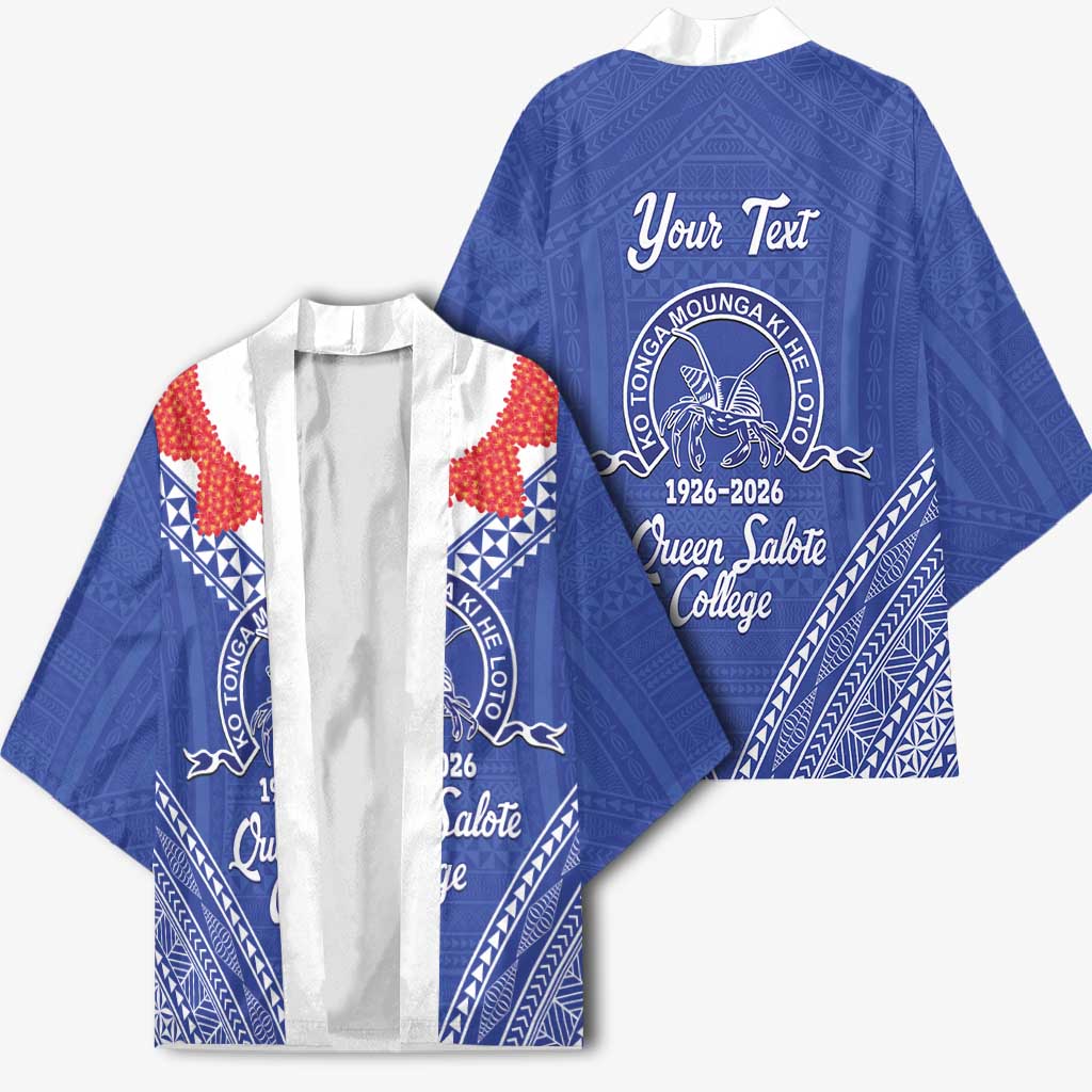 Queen Salote College 100 Years Personalized Kimono Tonga QSC Heilala Lei Blue Ngatu Pattern