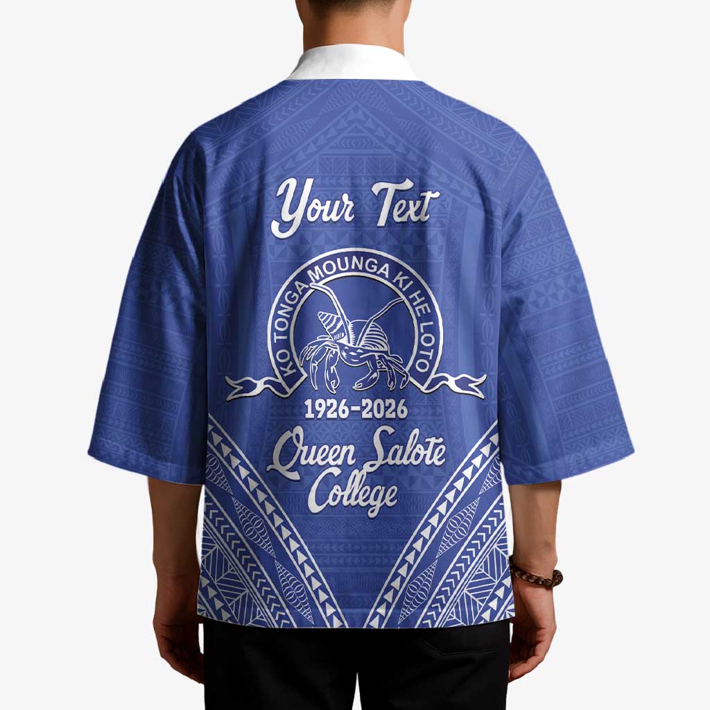 Queen Salote College 100 Years Personalized Kimono Tonga QSC Heilala Lei Blue Ngatu Pattern