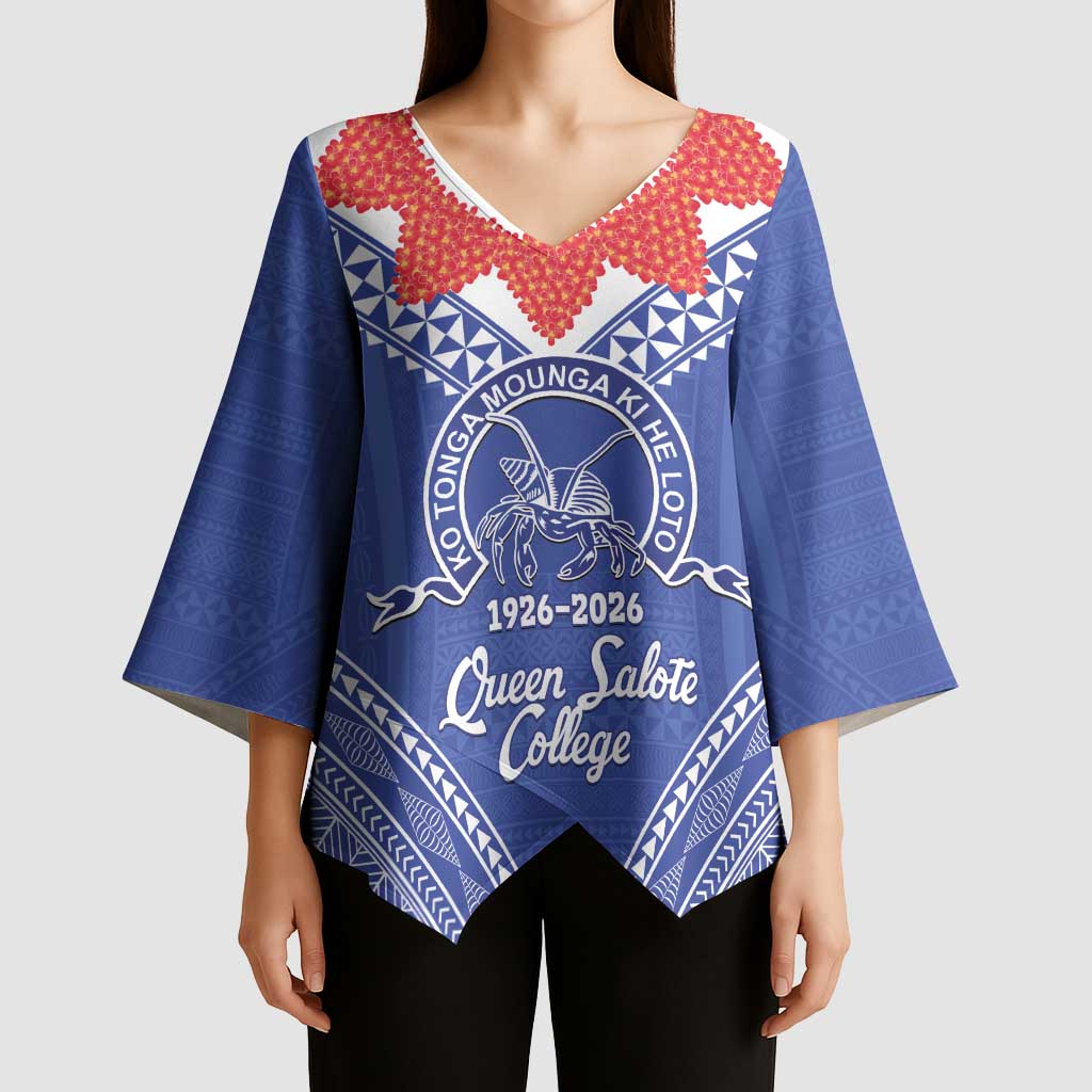 Queen Salote College 100 Years Personalized Kimono Sleeve Blouse Tonga QSC Heilala Lei Blue Ngatu Pattern
