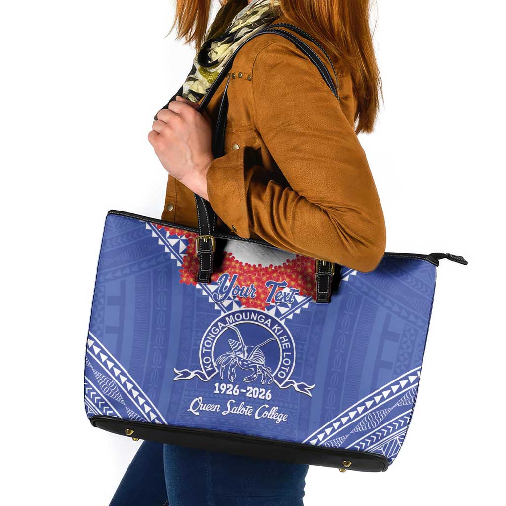 Queen Salote College 100 Years Personalized Leather Tote Bag Tonga QSC Heilala Lei Blue Ngatu Pattern