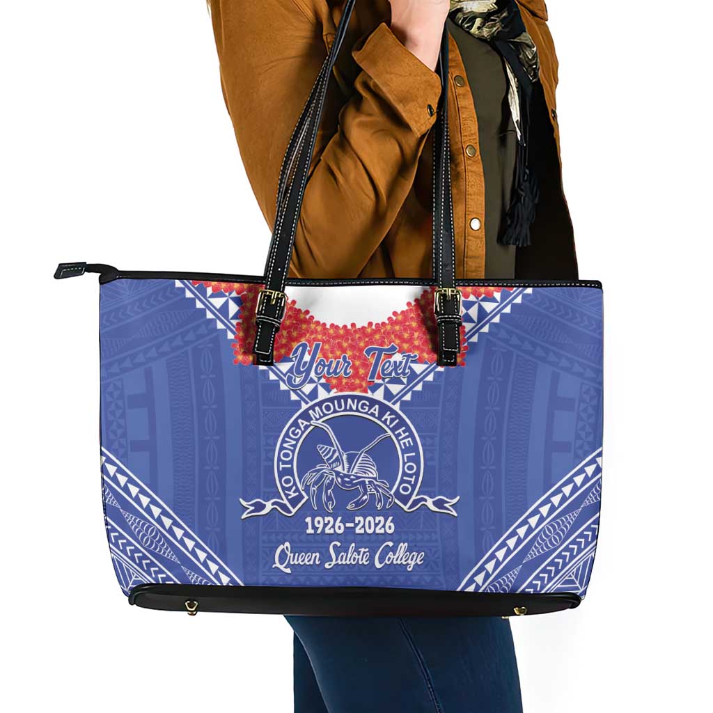 Queen Salote College 100 Years Personalized Leather Tote Bag Tonga QSC Heilala Lei Blue Ngatu Pattern
