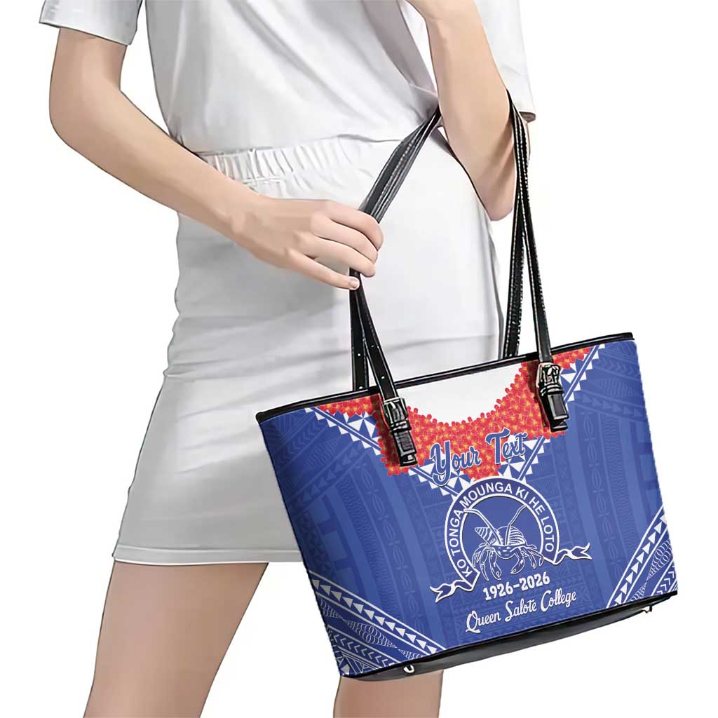 Queen Salote College 100 Years Personalized Leather Tote Bag Tonga QSC Heilala Lei Blue Ngatu Pattern