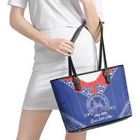 Queen Salote College 100 Years Personalized Leather Tote Bag Tonga QSC Heilala Lei Blue Ngatu Pattern