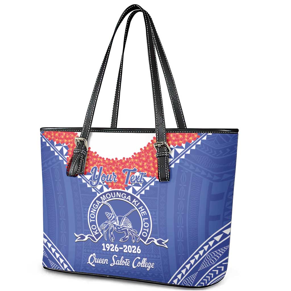 Queen Salote College 100 Years Personalized Leather Tote Bag Tonga QSC Heilala Lei Blue Ngatu Pattern