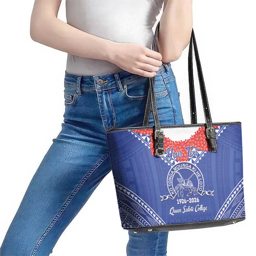 Queen Salote College 100 Years Personalized Leather Tote Bag Tonga QSC Heilala Lei Blue Ngatu Pattern