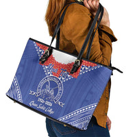 Queen Salote College 100 Years Personalized Leather Tote Bag Tonga QSC Heilala Lei Blue Ngatu Pattern