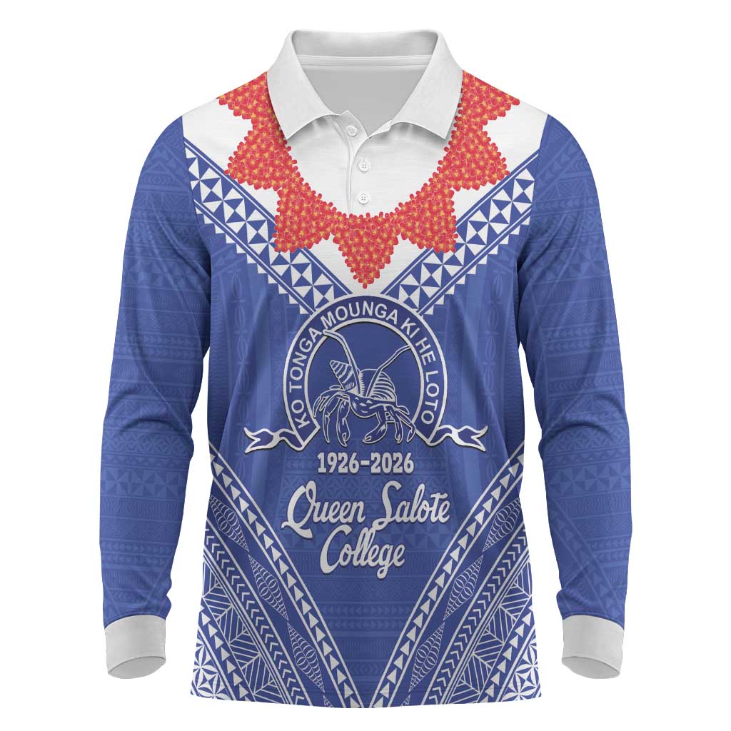Queen Salote College 100 Years Personalized Long Sleeve Polo Shirt Tonga QSC Heilala Lei Blue Ngatu Pattern