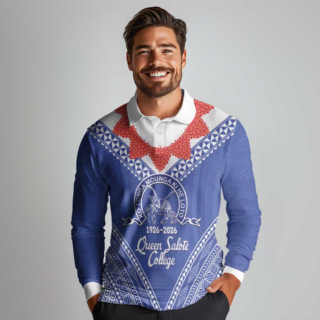 Queen Salote College 100 Years Personalized Long Sleeve Polo Shirt Tonga QSC Heilala Lei Blue Ngatu Pattern