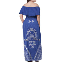 Queen Salote College 100 Years Personalized Off Shoulder Maxi Dress Tonga QSC Heilala Lei Blue Ngatu Pattern