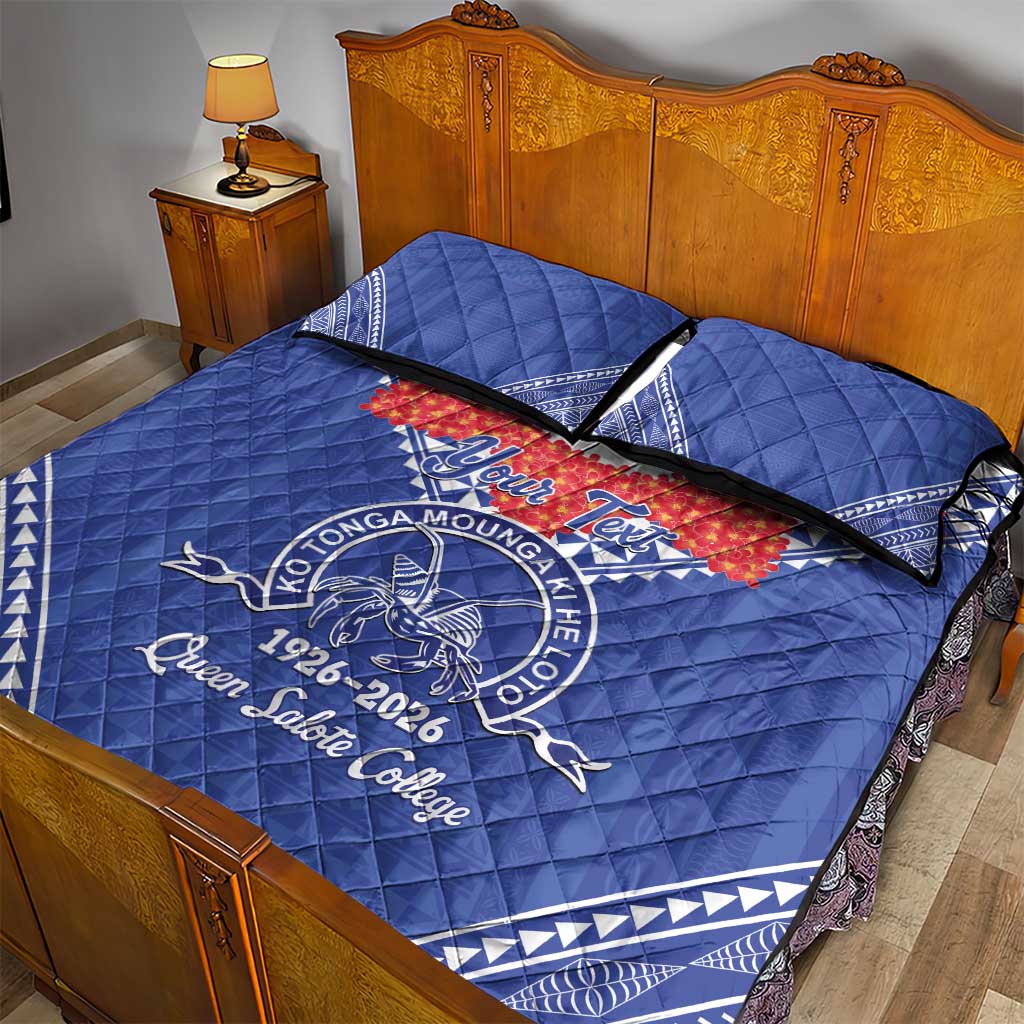 Queen Salote College 100 Years Personalized Quilt Bed Set Tonga QSC Heilala Lei Blue Ngatu Pattern