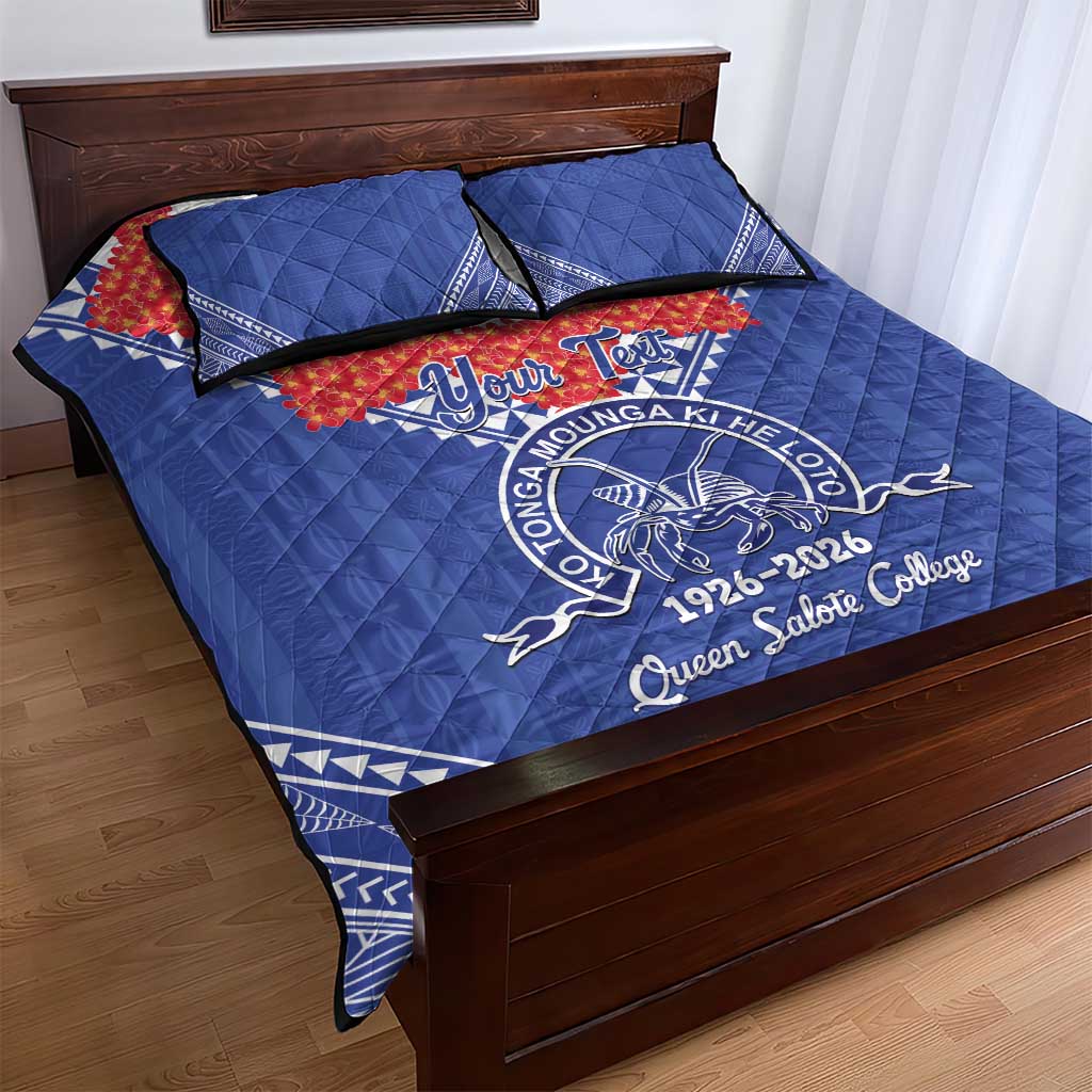 Queen Salote College 100 Years Personalized Quilt Bed Set Tonga QSC Heilala Lei Blue Ngatu Pattern