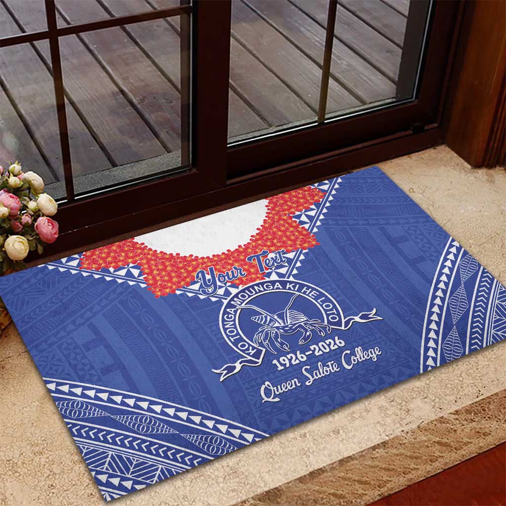 Queen Salote College 100 Years Personalized Rubber Doormat Tonga QSC Heilala Lei Blue Ngatu Pattern