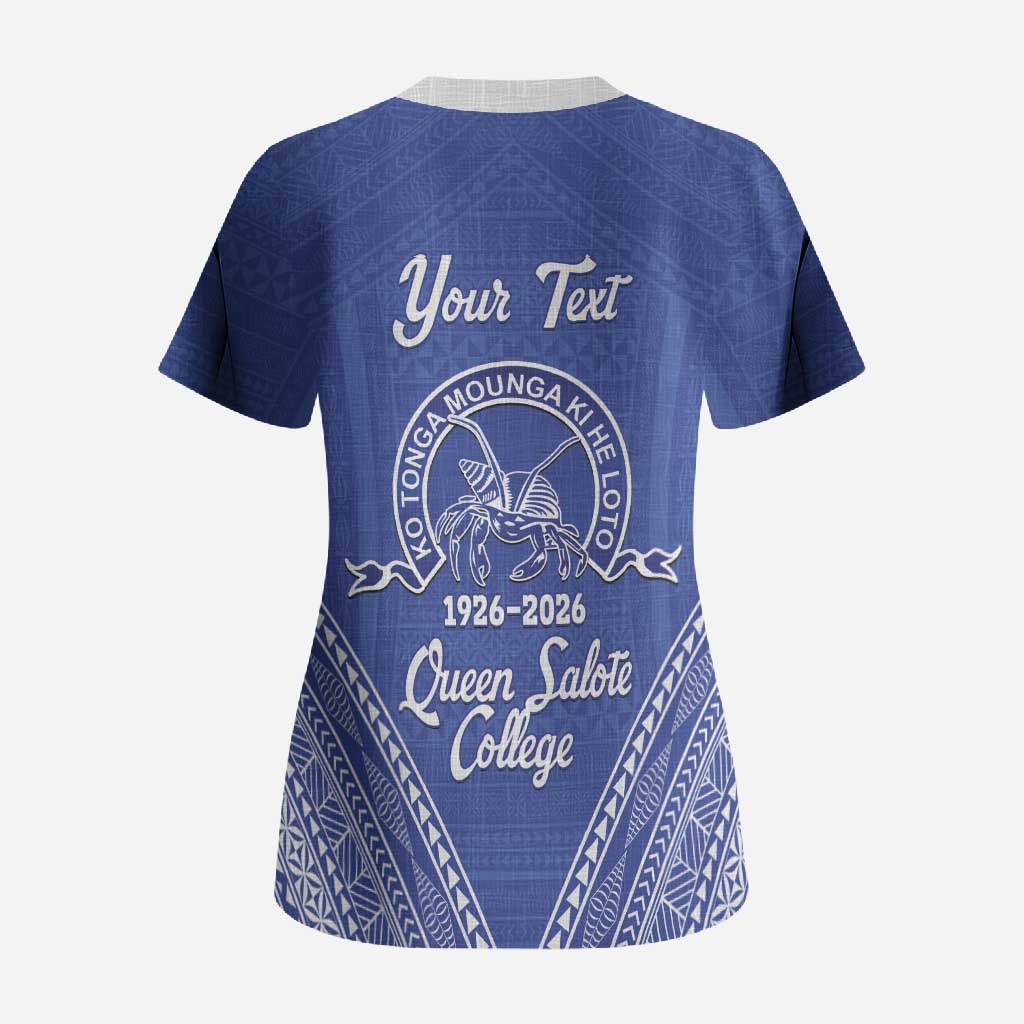 Queen Salote College 100 Years Personalized Scrub Top Tonga QSC Heilala Lei Blue Ngatu Pattern