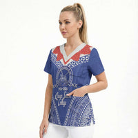 Queen Salote College 100 Years Personalized Scrub Top Tonga QSC Heilala Lei Blue Ngatu Pattern