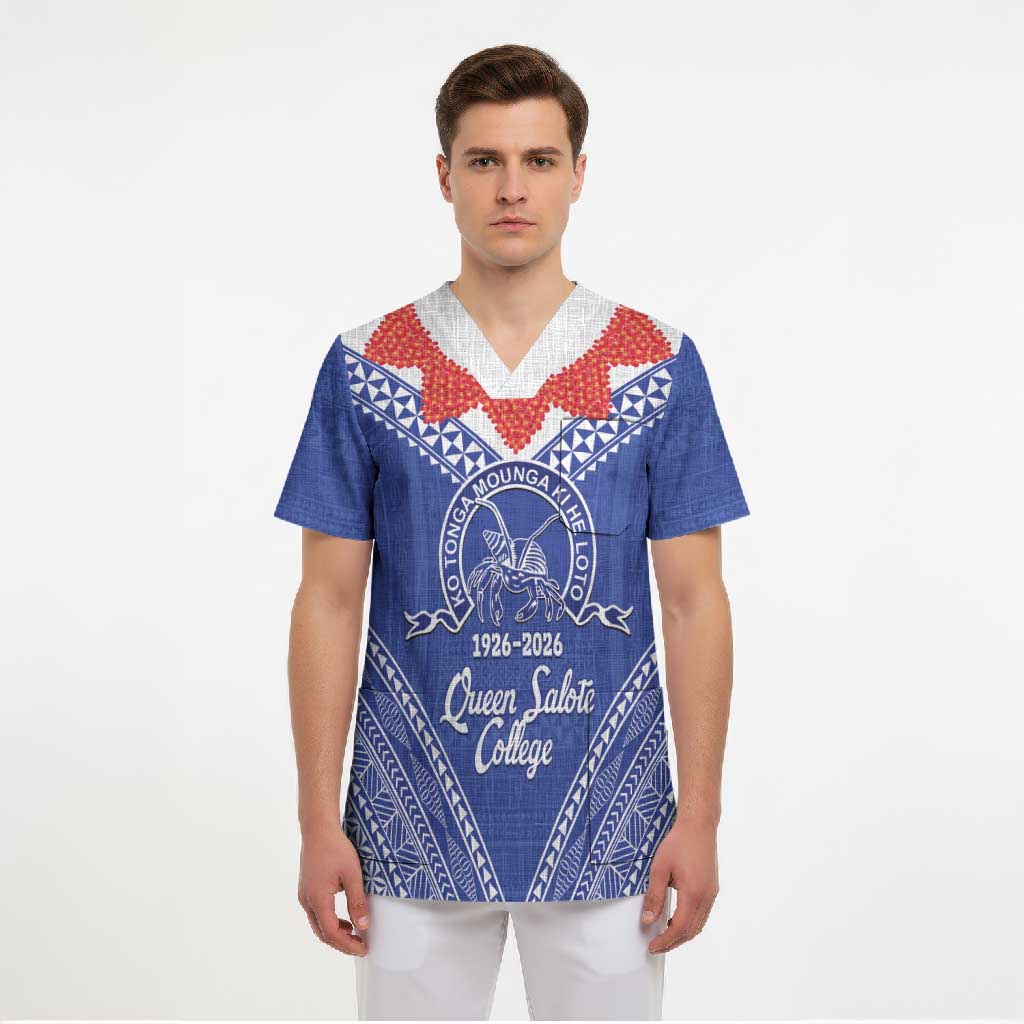 Queen Salote College 100 Years Personalized Scrub Top Tonga QSC Heilala Lei Blue Ngatu Pattern
