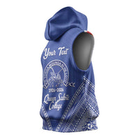 Queen Salote College 100 Years Personalized Sleeveless Hoodie Tonga QSC Heilala Lei Blue Ngatu Pattern